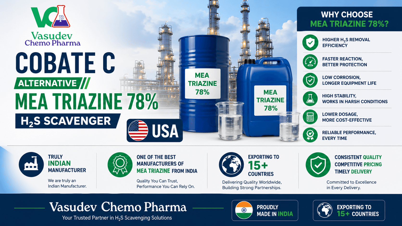 Cobate C alternative MEA Triazine 78 percent H2S scavenger for USA oilfield applications