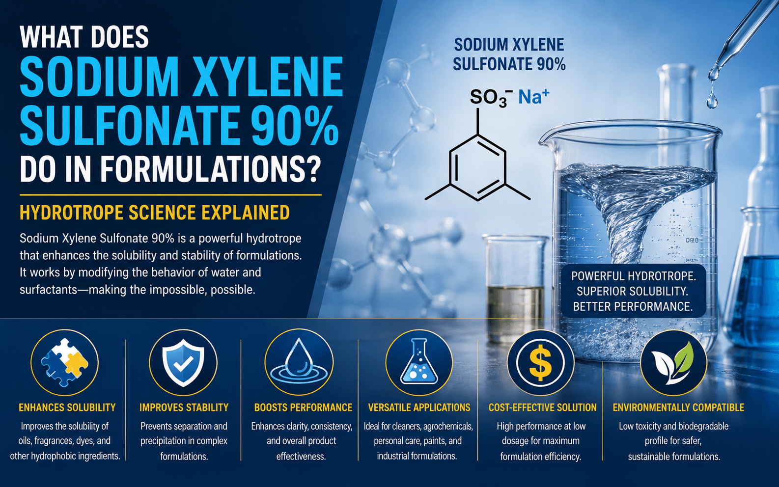 What Does Sodium Xylene Sulfonate 90% Do in Formulations? Hydrotrope Science Explained - SXS 90% hydrotrope guide