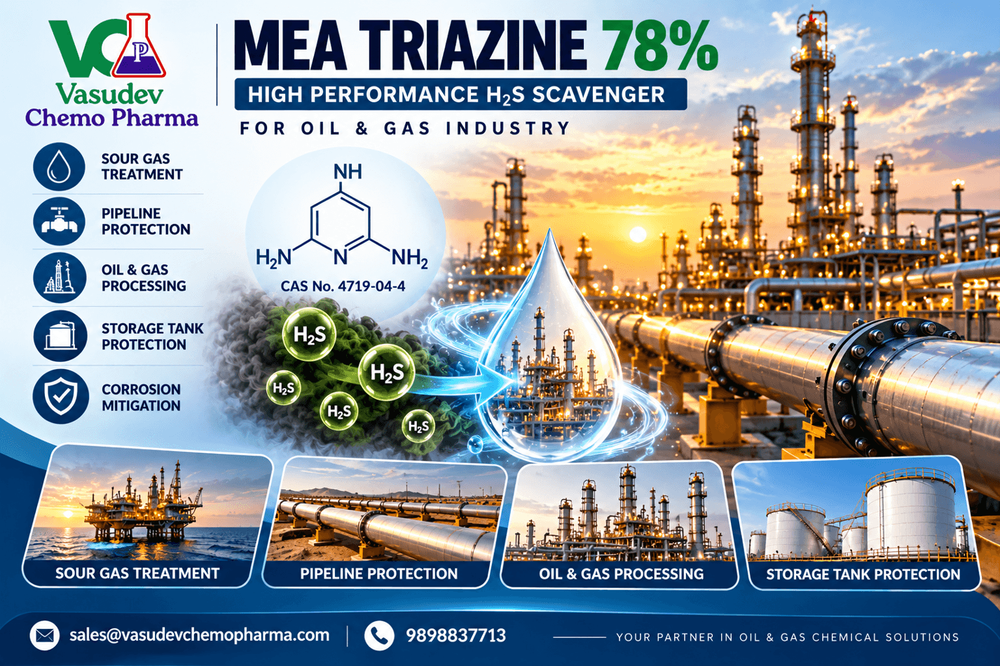 MEA Triazine 78% H₂S scavenger graphic showing oil and gas facilities, pipelines and storage tanks