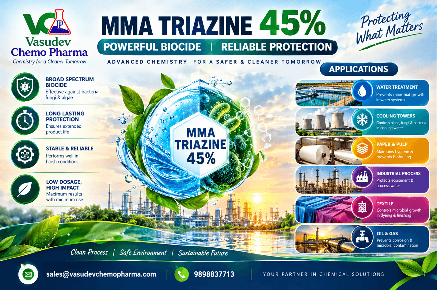 MMA Triazine 45% graphic showing water treatment, cooling towers, paper and pulp, industrial processes, textiles, and oil and gas applications