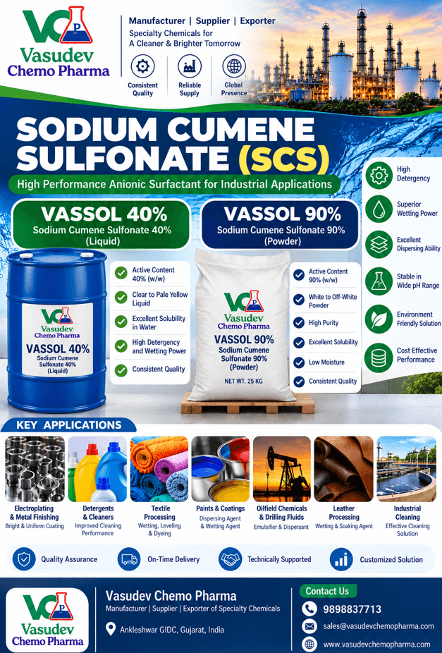 VASSOL 40% liquid drum and VASSOL 90% powder bag of Sodium Cumene Sulfonate (SCS) with key industrial applications