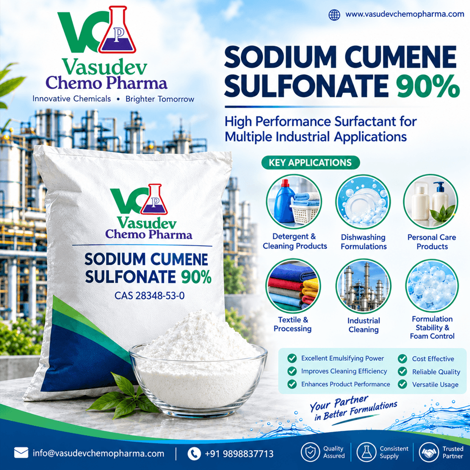Sodium Cumene Sulfonate 90% (CAS 28348-53-0) powder bag and bowl with detergent, dishwashing, personal care and textile applications
